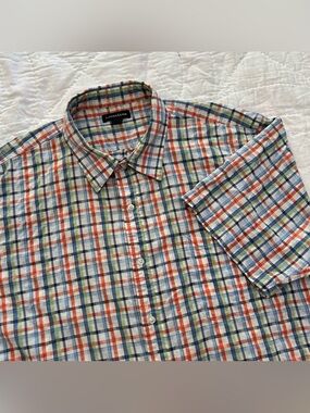 Lands End Seersucker Shirt Mens XXL Plaid Button Down Beach Coastal Summer